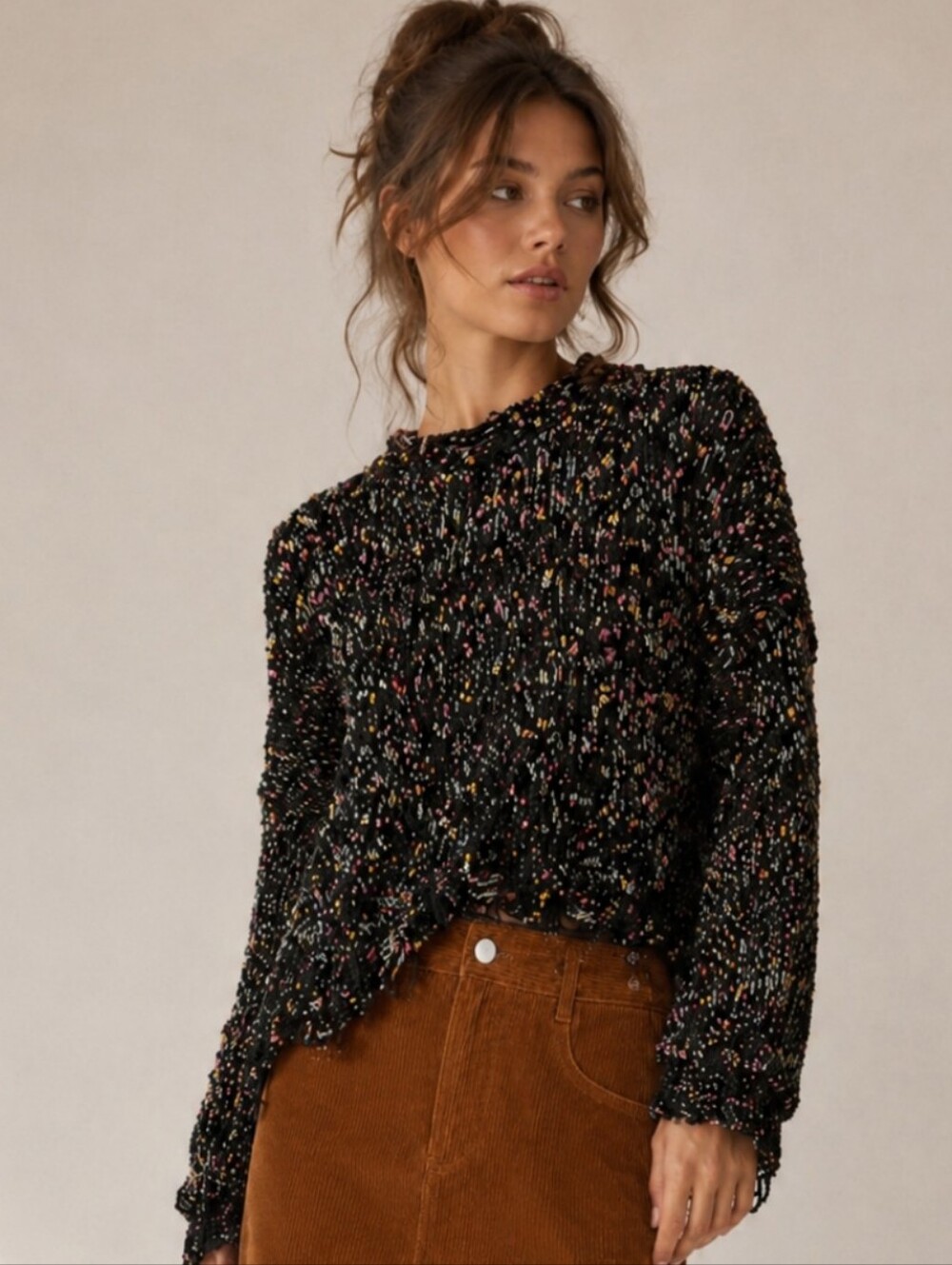 POL Distressed Confetti Knit Sweater L Black Chunky Oversized Boho Raw Hem/Neck